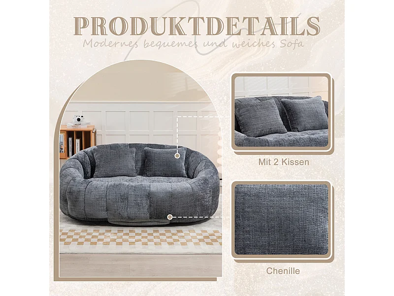 Faulenzer Sessel aus Chenille - 2-sitzer - mit 2 Kissen - 62cm Sitztiefe - Max. Belastung 250kg - Grau