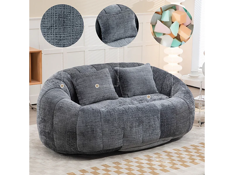 Faulenzer Sessel aus Chenille - 2-sitzer - mit 2 Kissen - 62cm Sitztiefe - Max. Belastung 250kg - Grau