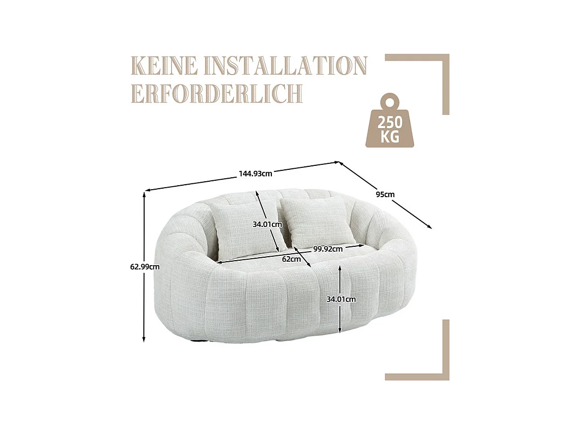 Fauteuil paresseux en Chenille - 2 places - avec 2 oreillers - 62cm profondeur d'assise - charge max 250kg - Beige