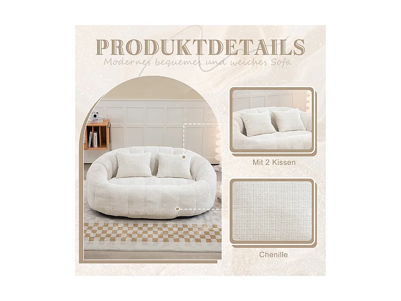 Fauteuil paresseux en Chenille - 2 places - avec 2 oreillers - 62cm profondeur d'assise - charge max 250kg - Beige