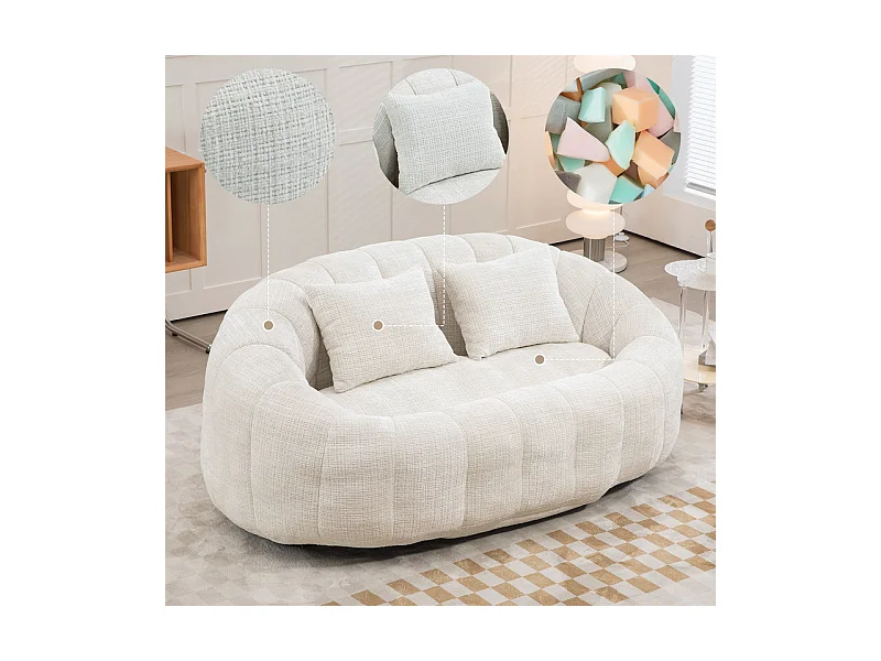 Fauteuil paresseux en Chenille - 2 places - avec 2 oreillers - 62cm profondeur d'assise - charge max 250kg - Beige