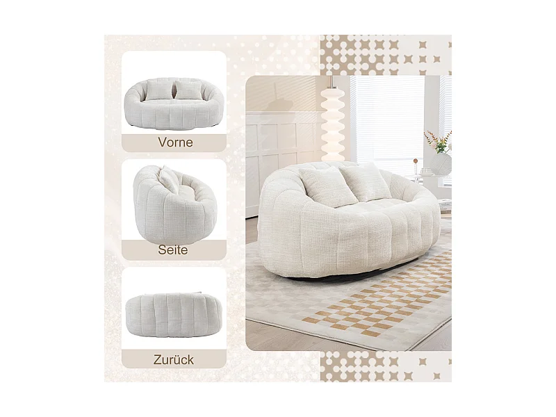 Fauteuil paresseux en Chenille - 2 places - avec 2 oreillers - 62cm profondeur d'assise - charge max 250kg - Beige