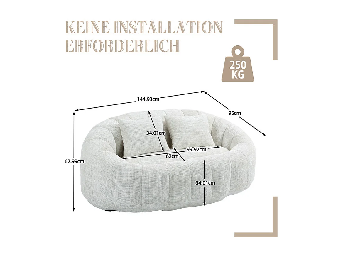 Fauteuil paresseux en Chenille - 2 places - avec 2 oreillers - 62cm profondeur d'assise - charge max 250kg - Beige