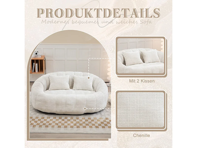 Fauteuil paresseux en Chenille - 2 places - avec 2 oreillers - 62cm profondeur d'assise - charge max 250kg - Beige