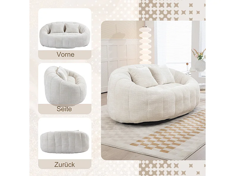 Fauteuil paresseux en Chenille - 2 places - avec 2 oreillers - 62cm profondeur d'assise - charge max 250kg - Beige