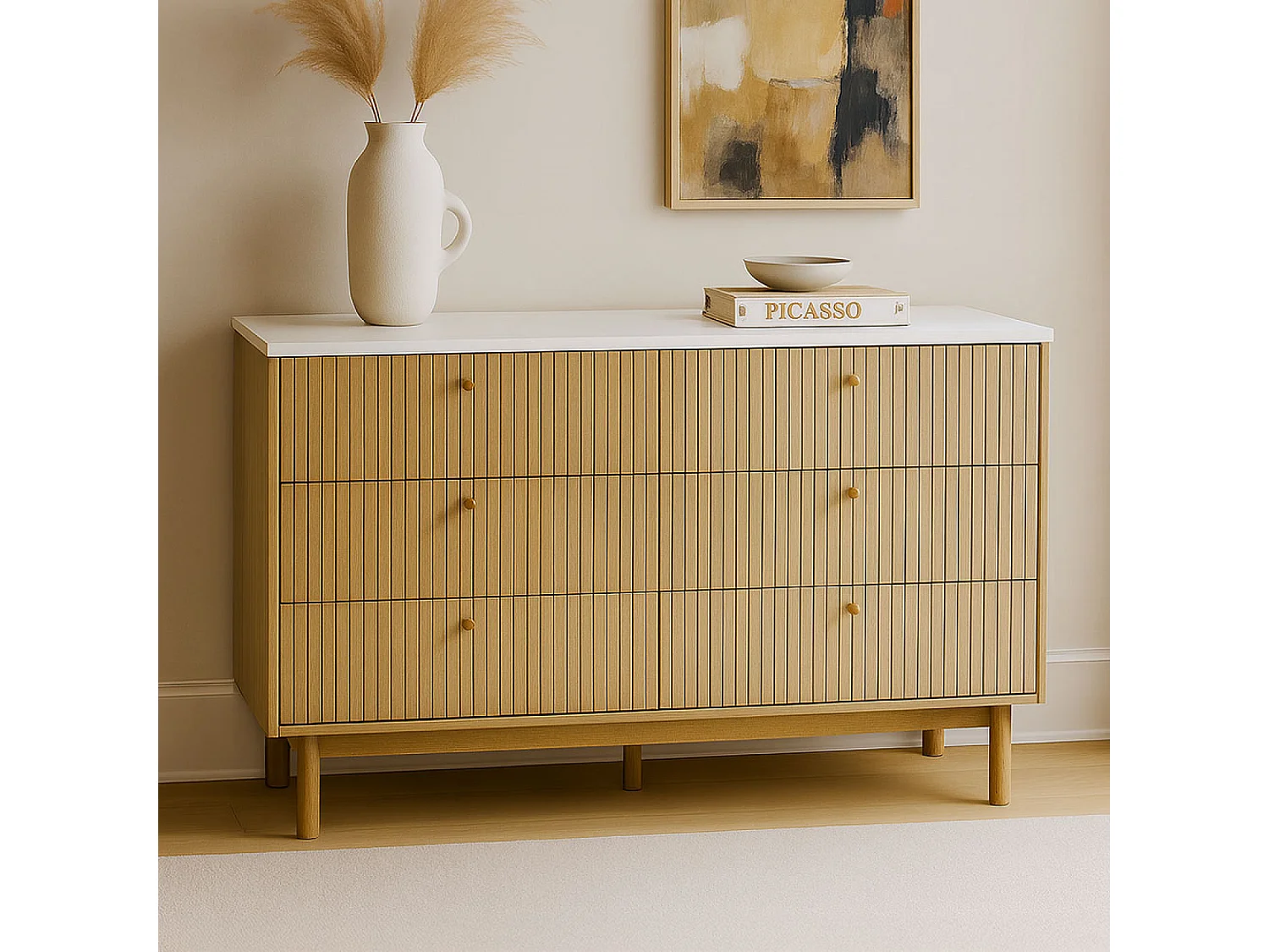 Buffet 6 tiroirs aspect bois rainuré et blanc 120cm BROX