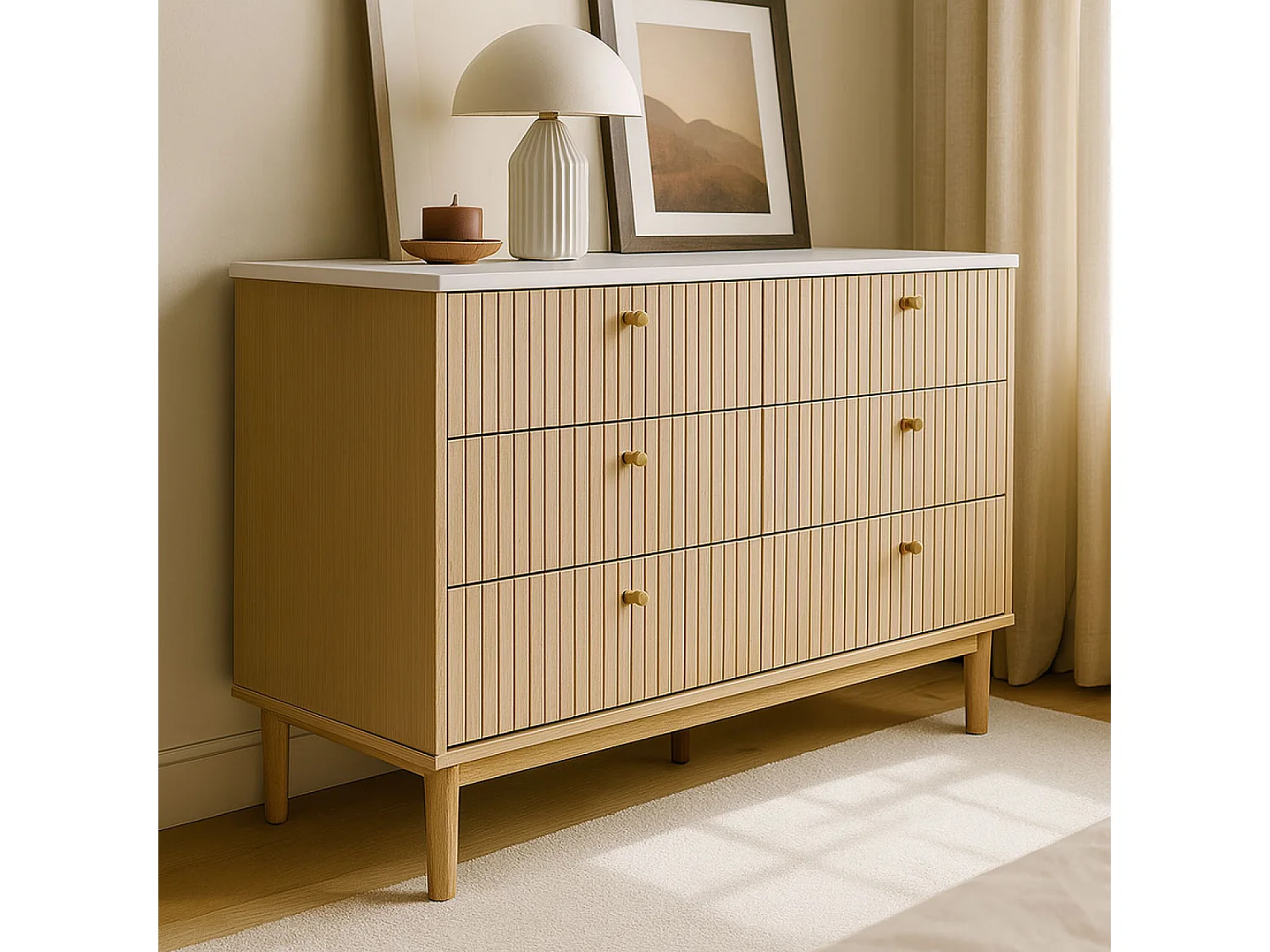 Buffet 6 tiroirs aspect bois rainuré et blanc 120cm BROX