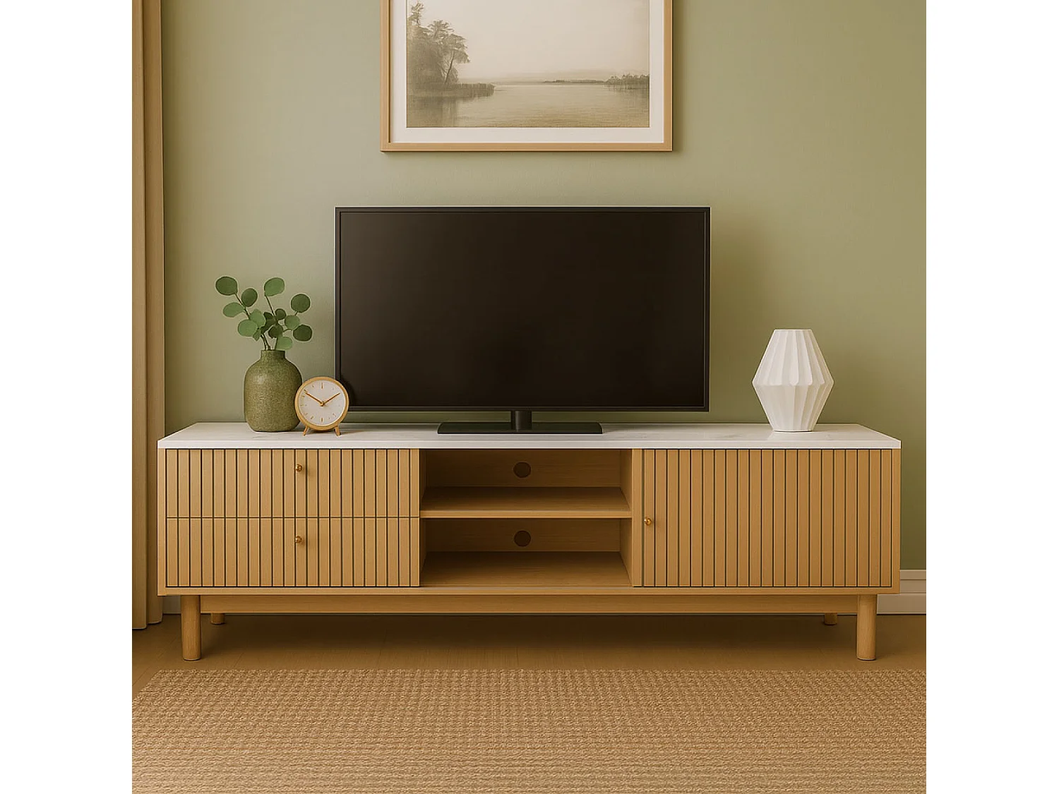 Meuble TV aspect bois rainuré et blanc avec tiroirs et placard 150cm TRIX