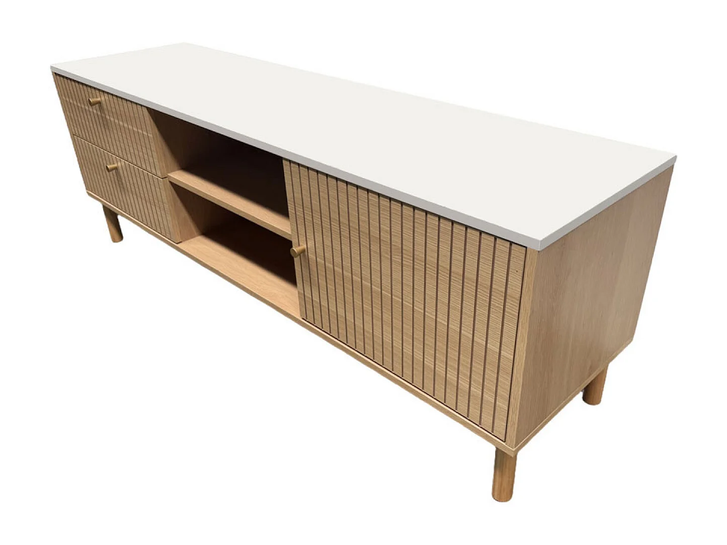 Meuble TV aspect bois rainuré et blanc avec tiroirs et placard 150cm TRIX