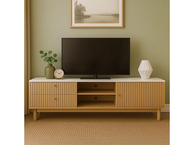 Meuble TV aspect bois rainuré et blanc avec tiroirs et placard 150cm TRIX