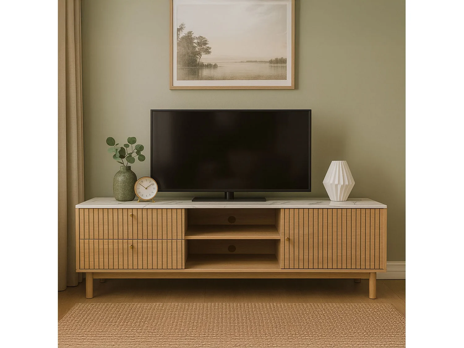 Meuble TV aspect bois rainuré et marbre avec tiroirs et placard 150cm TRIX