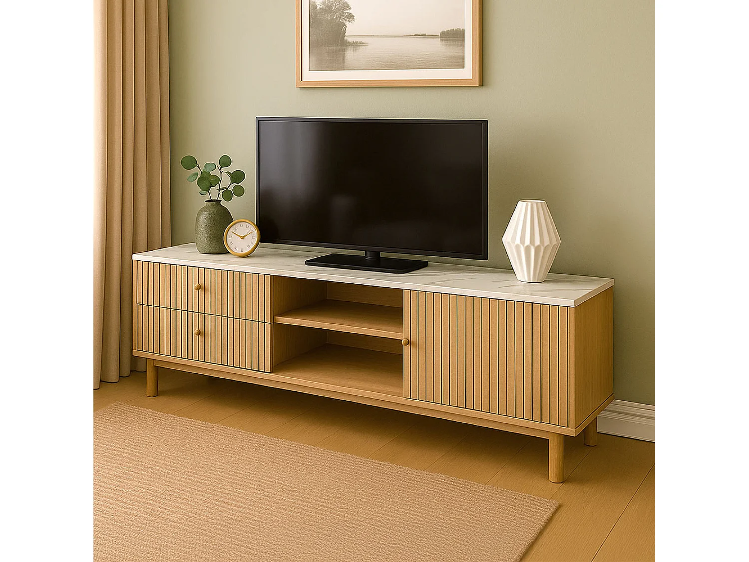 Meuble TV aspect bois rainuré et marbre avec tiroirs et placard 150cm TRIX