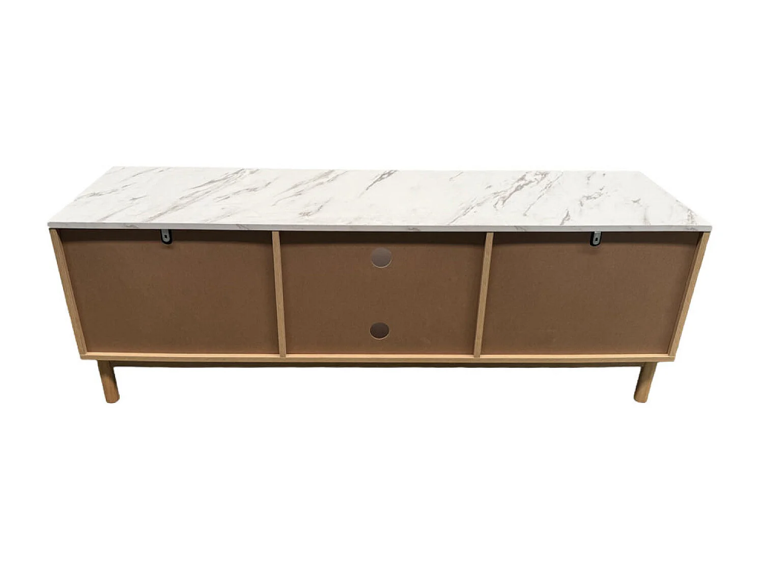 Meuble TV aspect bois rainuré et marbre avec tiroirs et placard 150cm TRIX