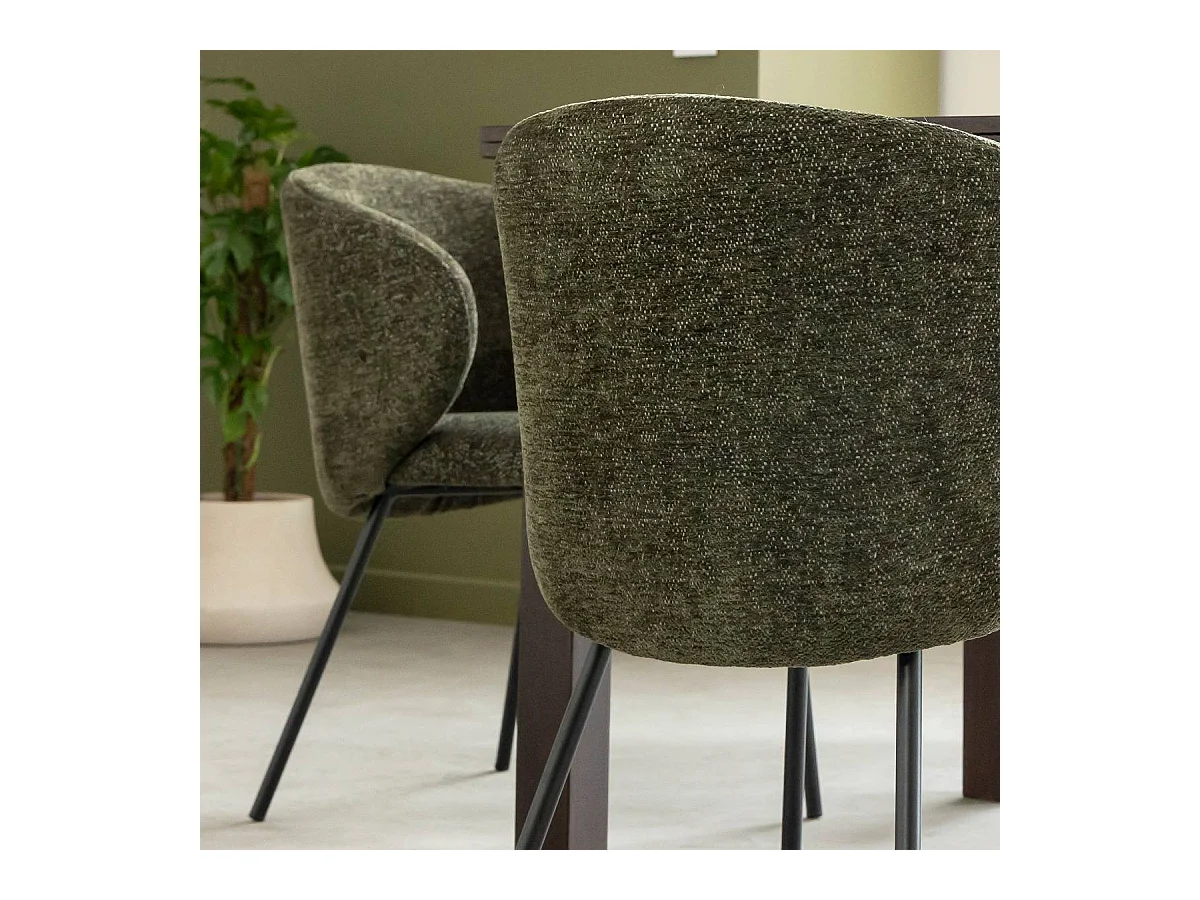 Chaise avec accoudoirs ronds en tissu vert et pieds en métal Cléa (lot de 2)