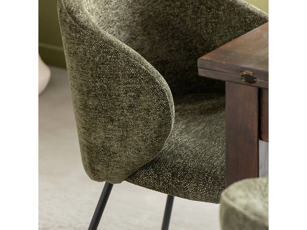 Chaise avec accoudoirs ronds en tissu vert et pieds en métal Cléa (lot de 2)