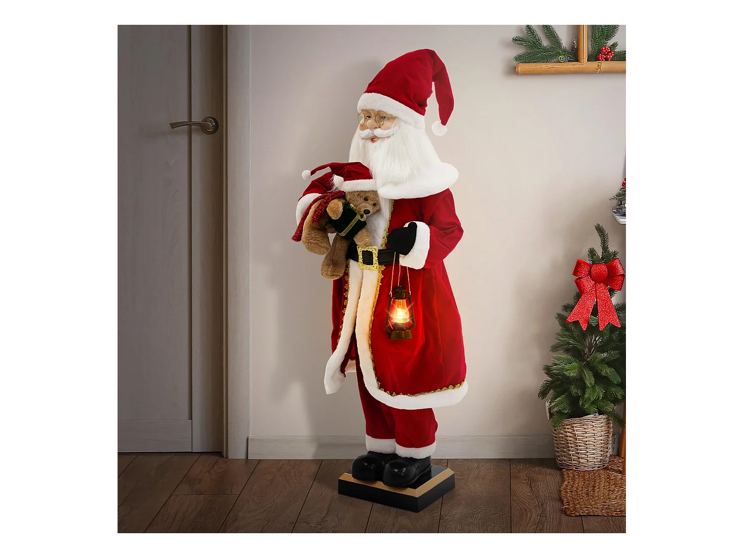 Figurine de père noël 120 cm à lumière LED mouvement son et musique décoration animée avec lanterne ours en peluche capteur de déplacement inclus
