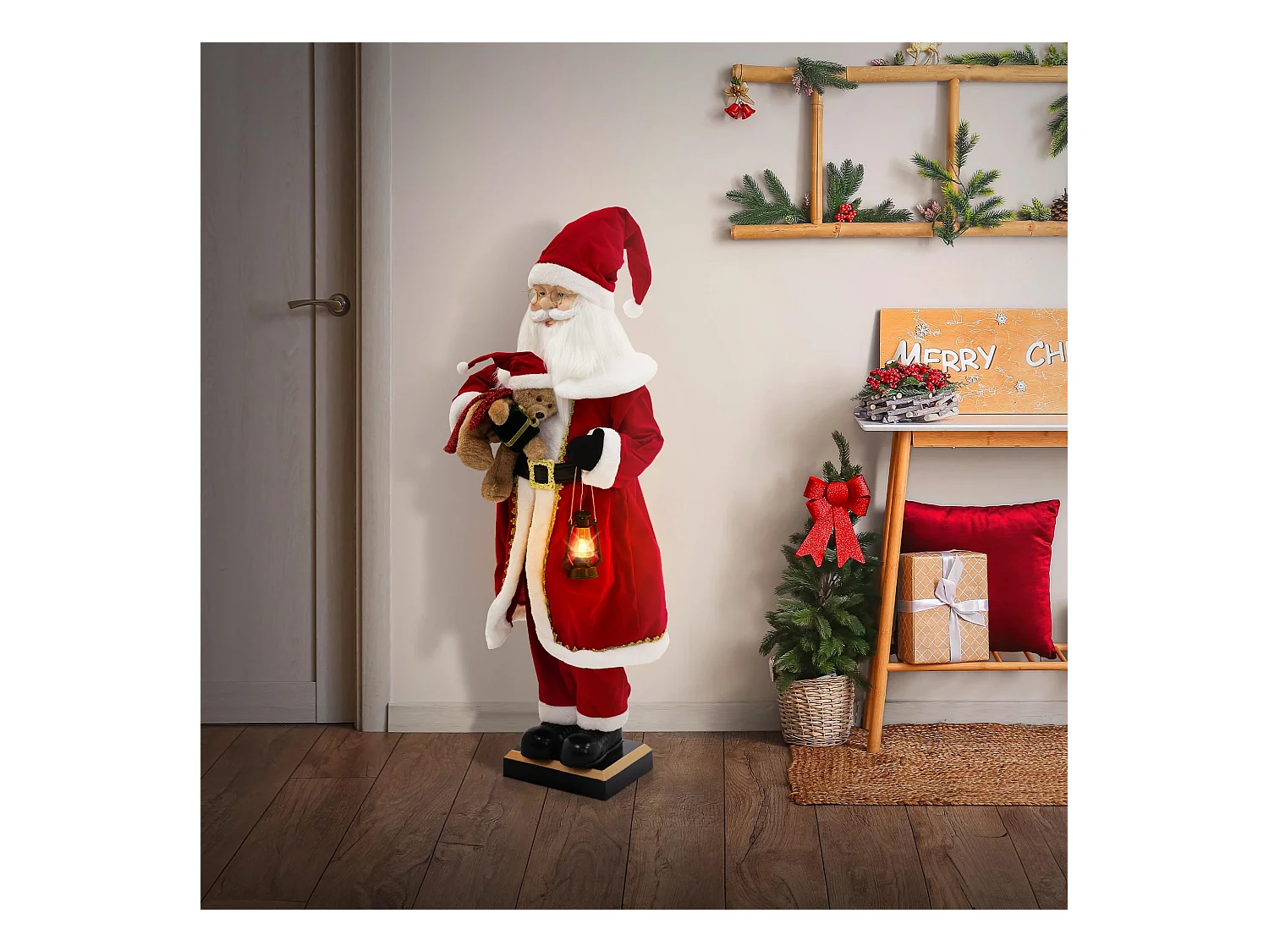 Figurine de père noël 120 cm à lumière LED mouvement son et musique décoration animée avec lanterne ours en peluche capteur de déplacement inclus