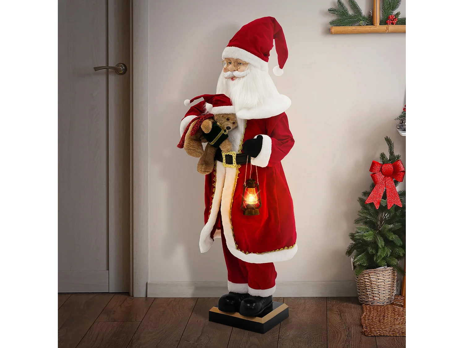 Figurine de père noël 120 cm à lumière LED mouvement son et musique décoration animée avec lanterne ours en peluche capteur de déplacement inclus