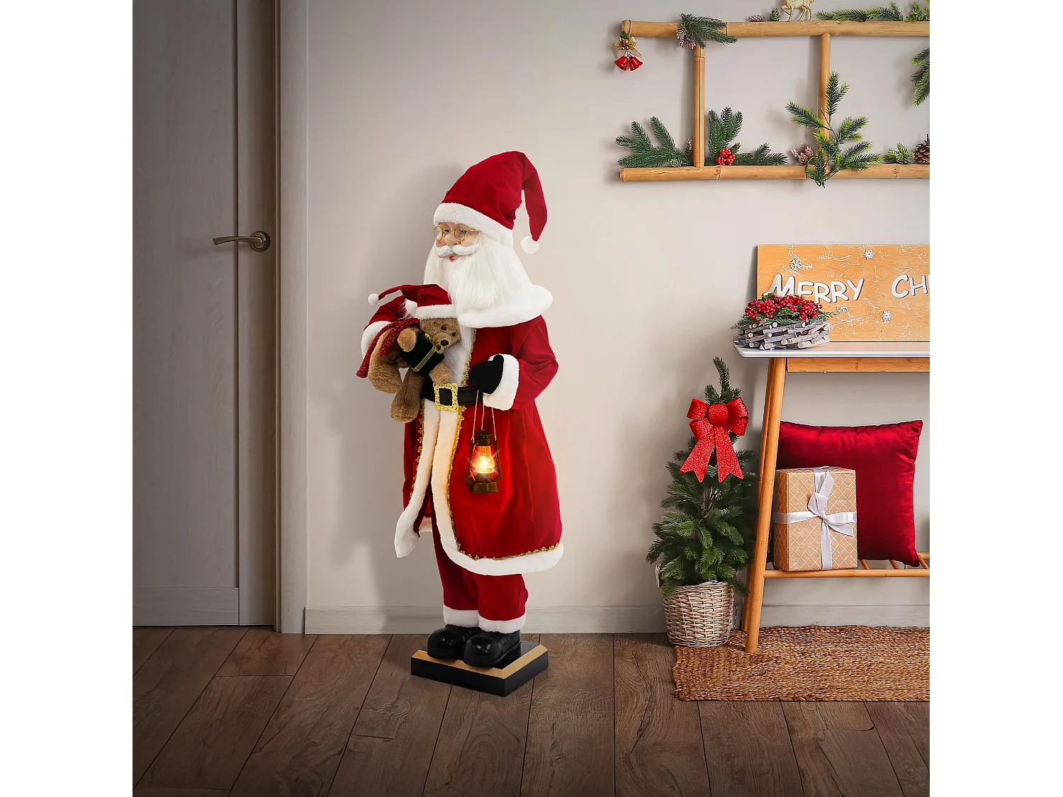 Figurine de père noël 120 cm à lumière LED mouvement son et musique décoration animée avec lanterne ours en peluche capteur de déplacement inclus