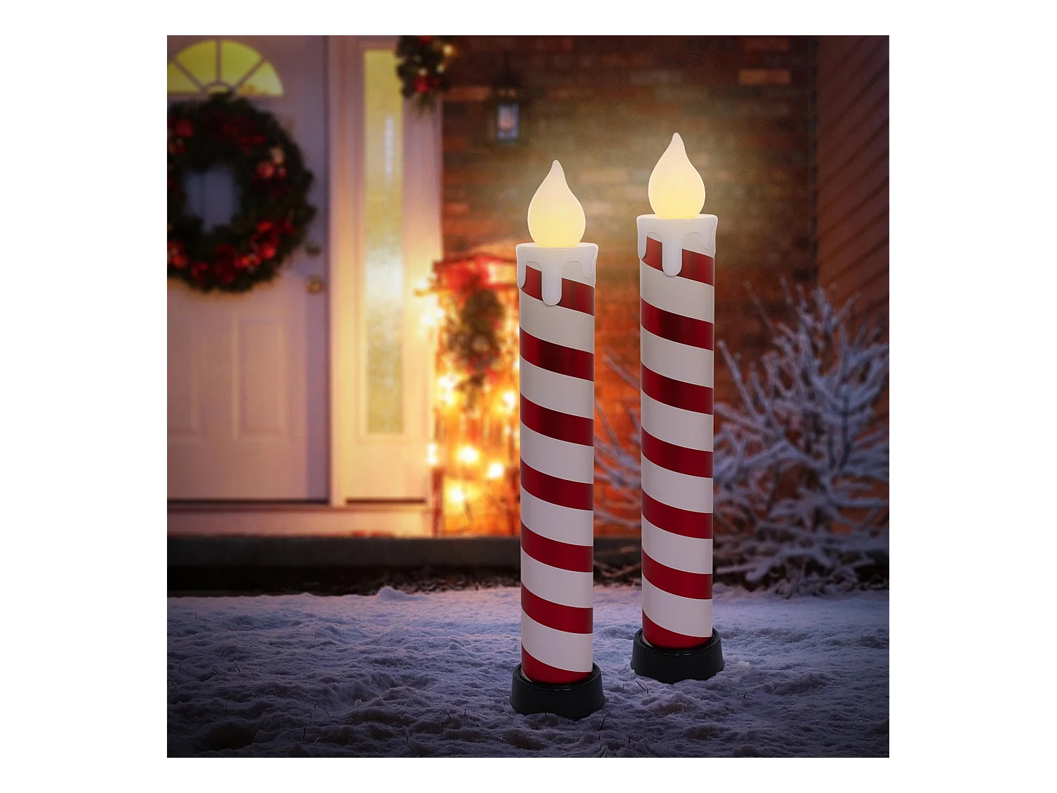 2x bougies à LED en forme de sucre d’orge XXL 82 cm rouge blanc décoration de noël sur piles avec minuterie effet en flamme intérieur ou extérieur