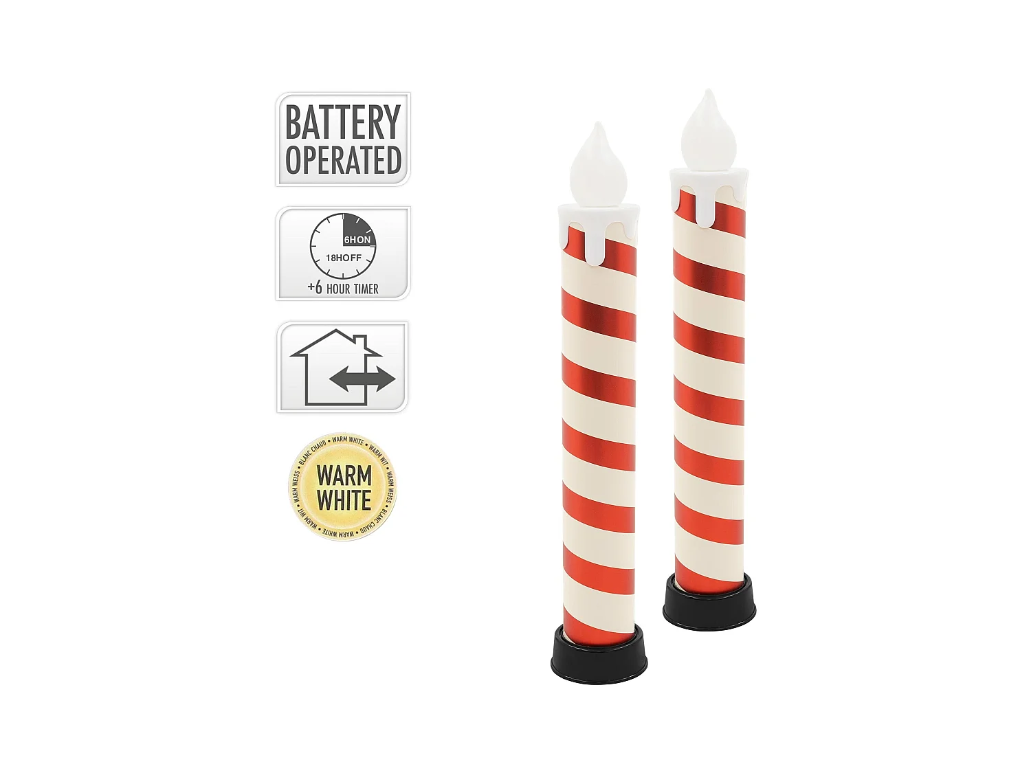 2x bougies à LED en forme de sucre d’orge XXL 82 cm rouge blanc décoration de noël sur piles avec minuterie effet en flamme intérieur ou extérieur