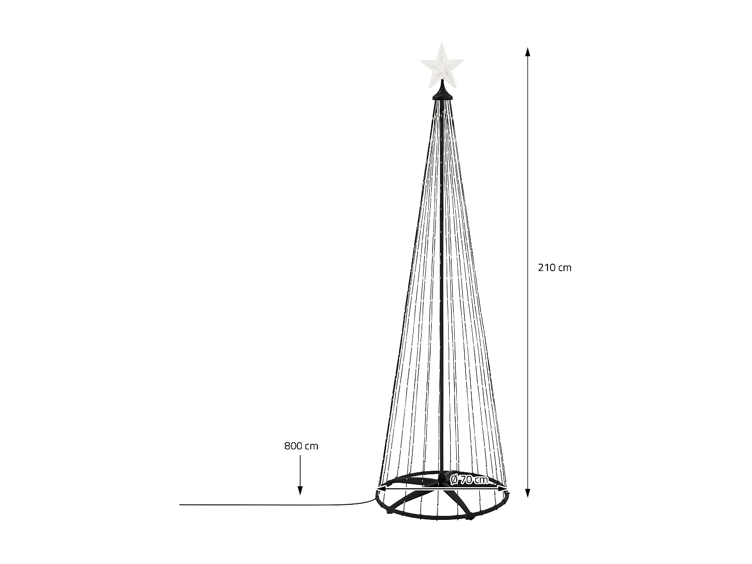 Sapin de noël extérieur 210cm éclairage à 370 LED blanc chaud dimmable structure décorative conique en métal avec minuterie 9 modes et télécommande