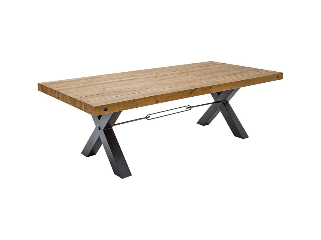 Table CAVARA – Bois de pin recyclé verni et métal noir – 200 cm – Plateau épais 80 mm – Style industriel