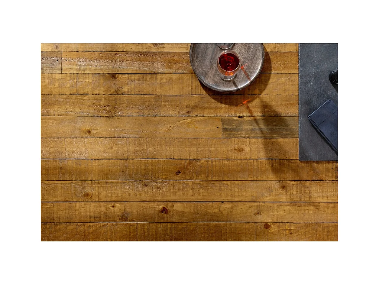 Table CAVARA – Bois de pin recyclé verni et métal noir – 200 cm – Plateau épais 80 mm – Style industriel