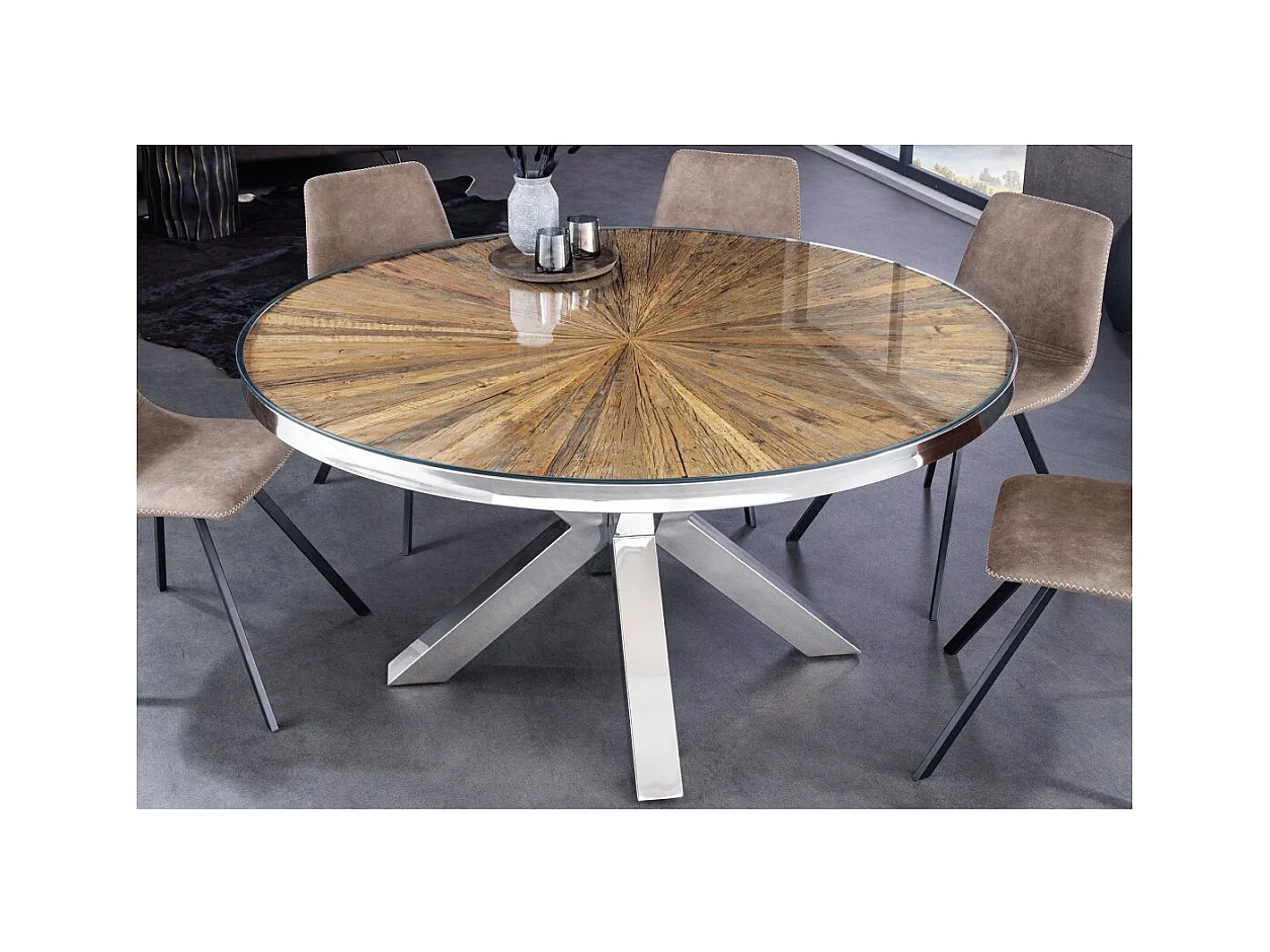 Table RAFTA – Bois de teck et verre trempé – Pied chromé – 140 cm – Ronde – Style contemporain