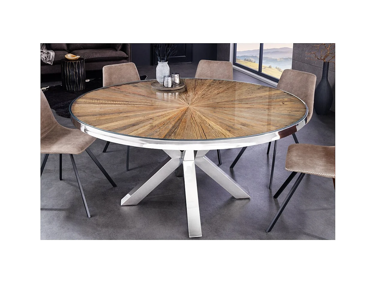 Table RAFTA – Bois de teck et verre trempé – Pied chromé – 140 cm – Ronde – Style contemporain