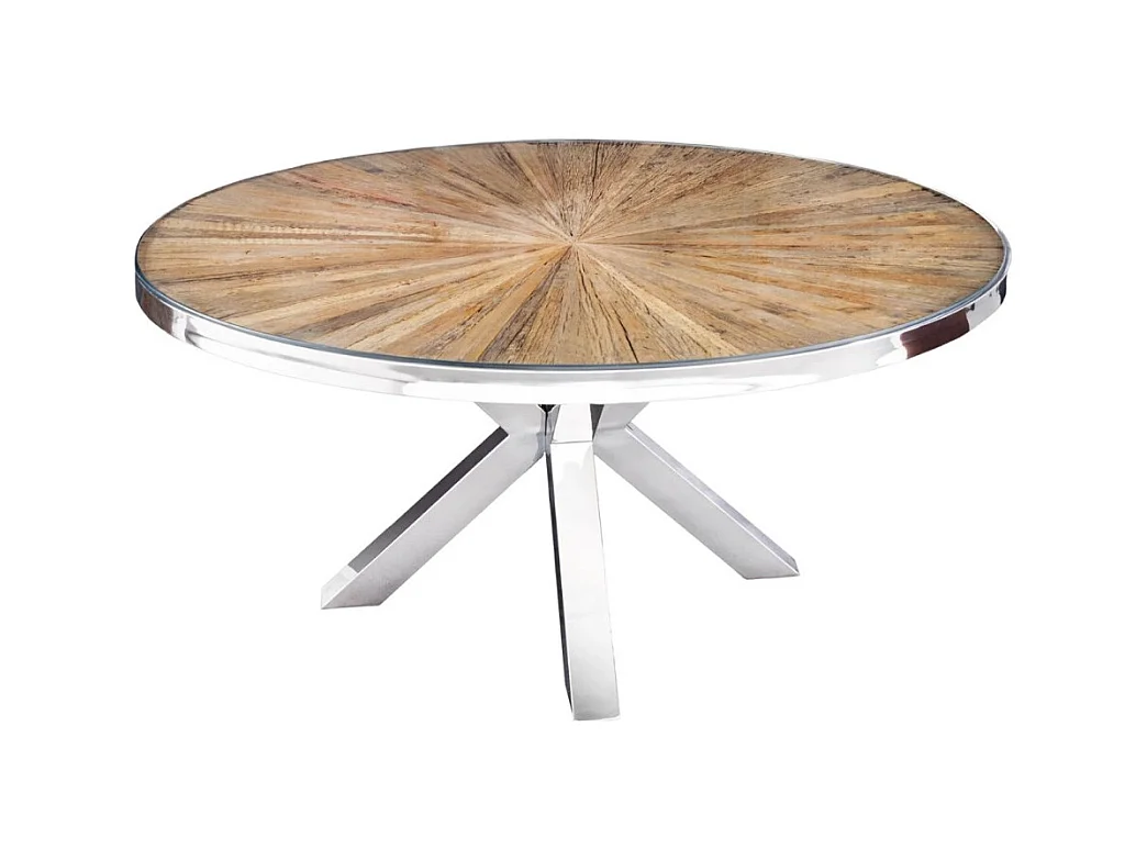 Table RAFTA – Bois de teck et verre trempé – Pied chromé – 140 cm – Ronde – Style contemporain