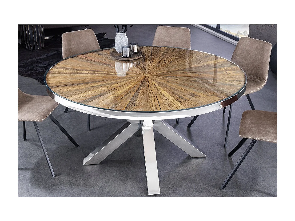 Table RAFTA – Bois de teck et verre trempé – Pied chromé – 140 cm – Ronde – Style contemporain
