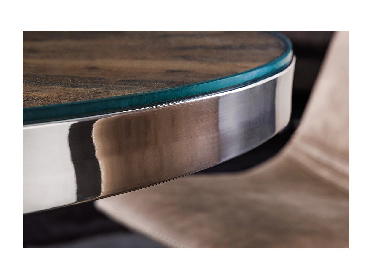 Table RAFTA – Bois de teck et verre trempé – Pied chromé – 140 cm – Ronde – Style contemporain