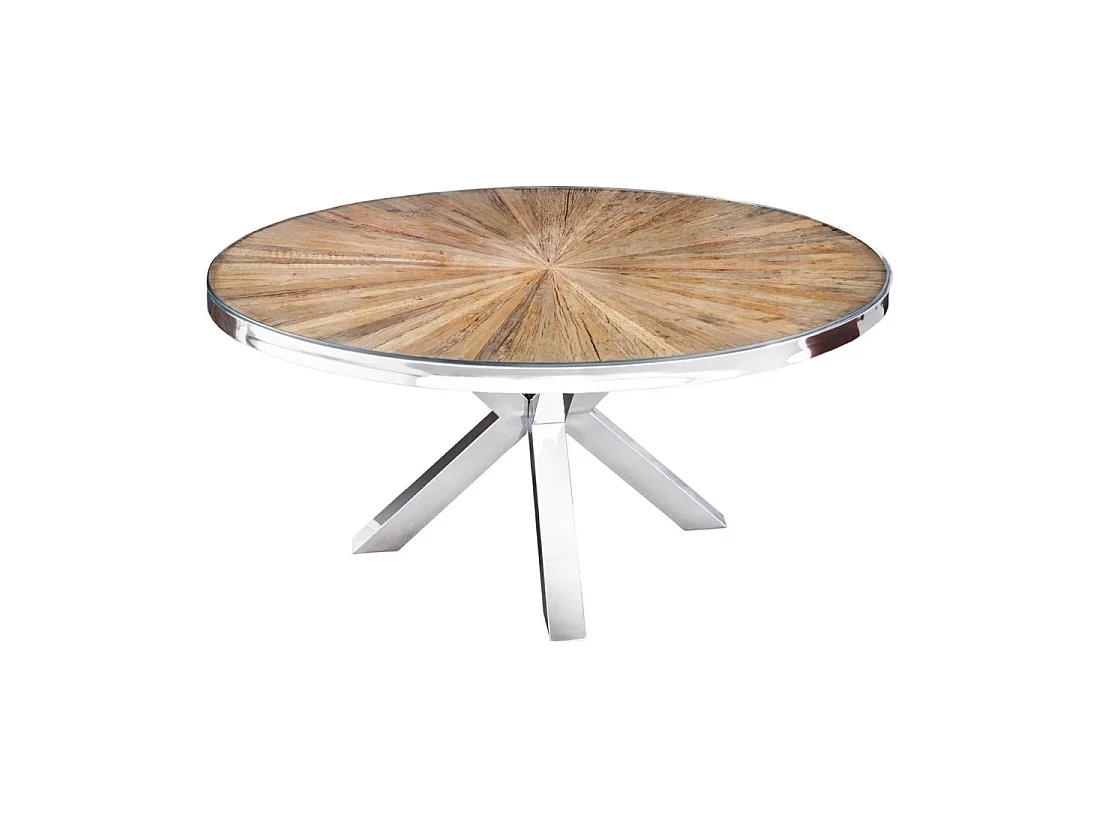 Table RAFTA – Legno di teck e vetro temperato – Piede cromato – 140 cm – Rotonda – Stile contemporaneo