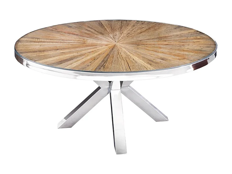 Table RAFTA – Bois de teck et verre trempé – Pied chromé – 140 cm – Ronde – Style contemporain
