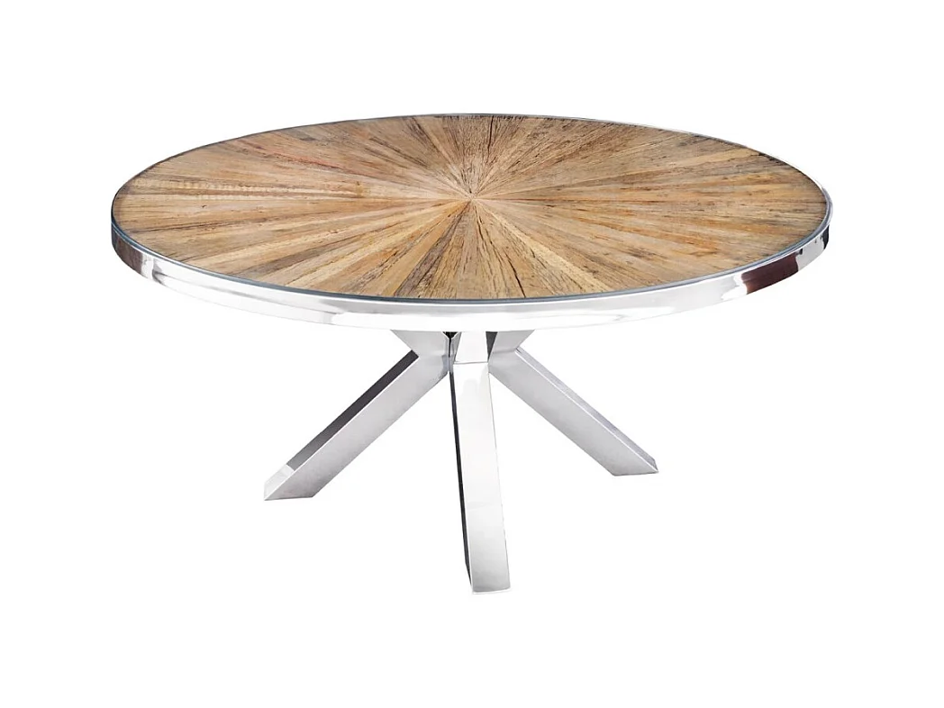 Table de salle à manger RAFTA – Bois de teck et verre trempé – Pied chromé – 120 cm – Ronde – Style contemporain