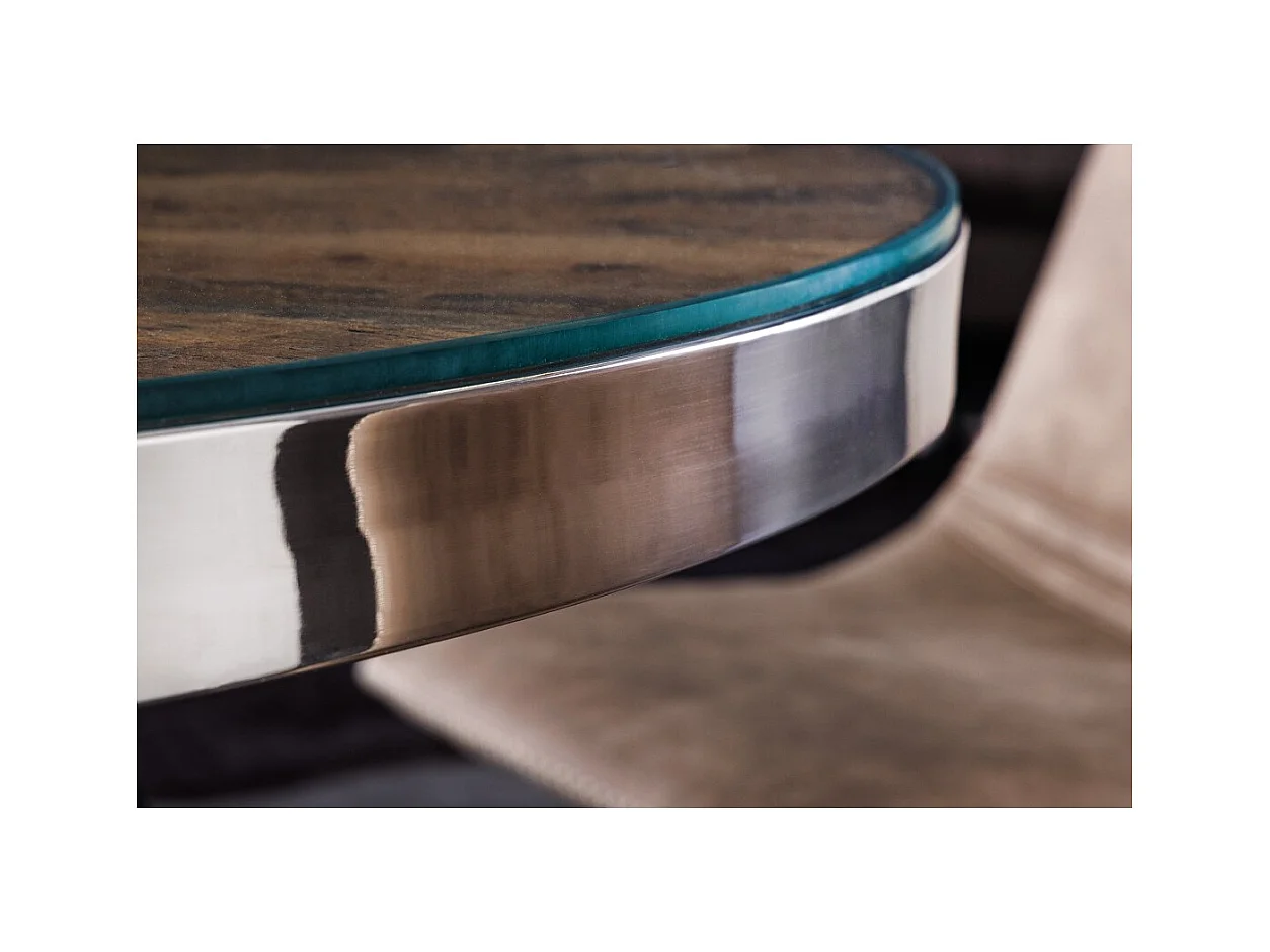 Table de salle à manger RAFTA – Bois de teck et verre trempé – Pied chromé – 120 cm – Ronde – Style contemporain