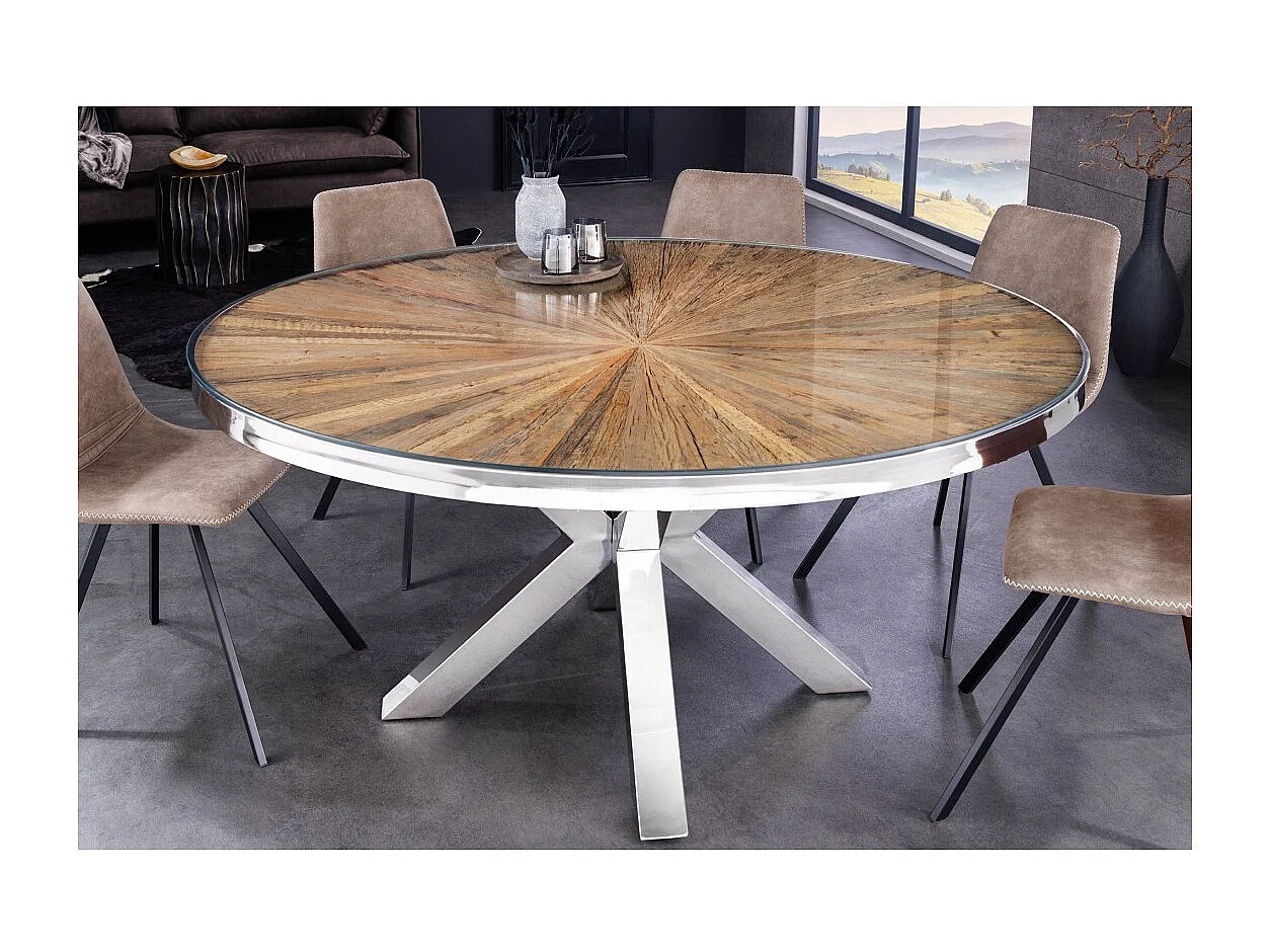 Table de salle à manger RAFTA – Bois de teck et verre trempé – Pied chromé – 120 cm – Ronde – Style contemporain