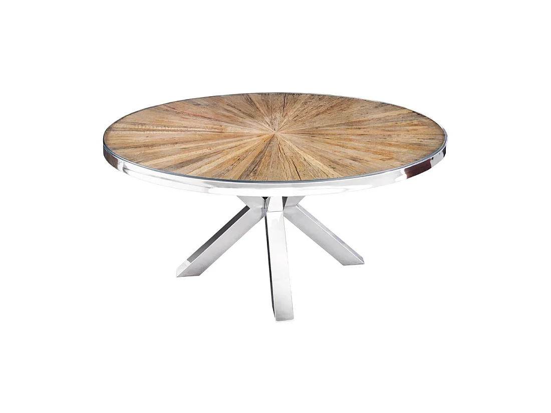 Eettafel RAFTA - Teakhout en gehard glas - Chromen poot - 120 cm - Rond - Hedendaagse stijl