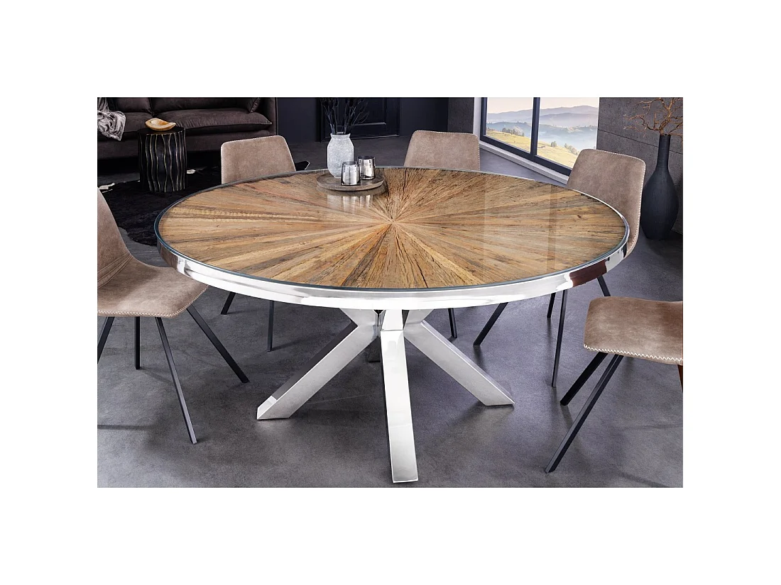 Eettafel RAFTA - Teakhout en gehard glas - Chromen poot - 120 cm - Rond - Hedendaagse stijl