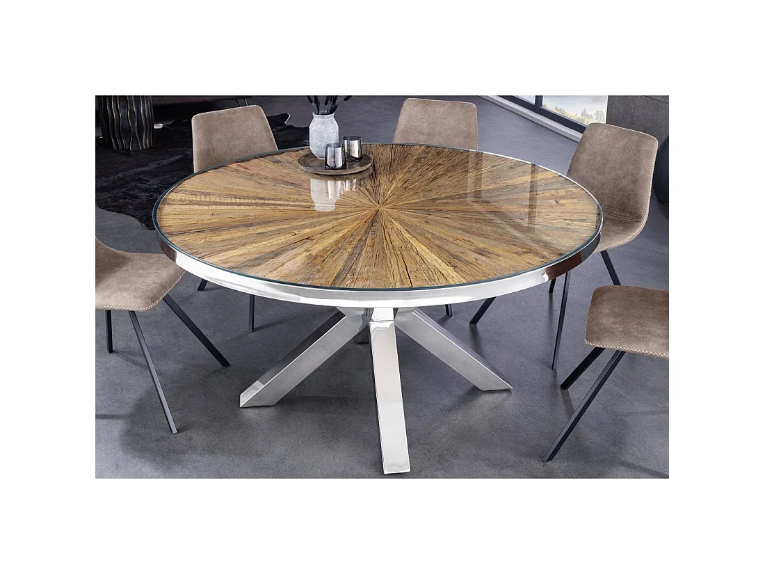 Eettafel RAFTA - Teakhout en gehard glas - Chromen poot - 120 cm - Rond - Hedendaagse stijl