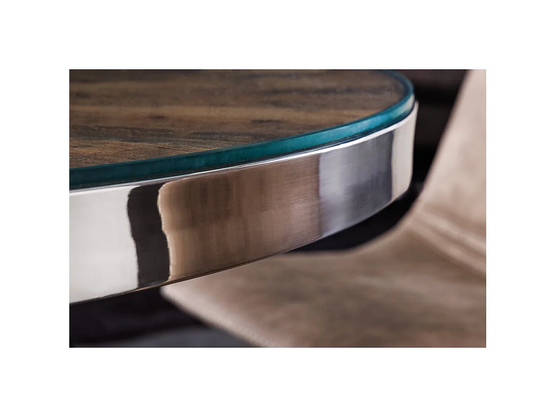 Eettafel RAFTA - Teakhout en gehard glas - Chromen poot - 120 cm - Rond - Hedendaagse stijl