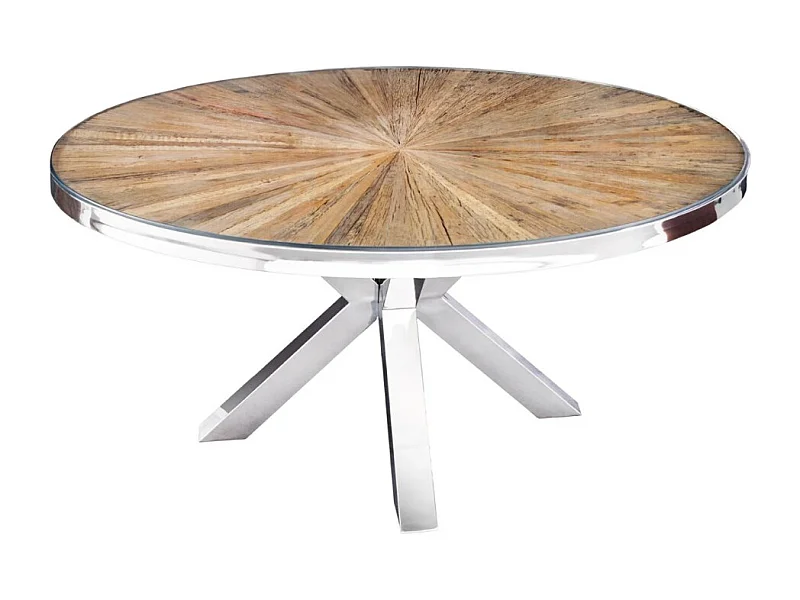 Table de salle à manger RAFTA – Bois de teck et verre trempé – Pied chromé – 120 cm – Ronde – Style contemporain