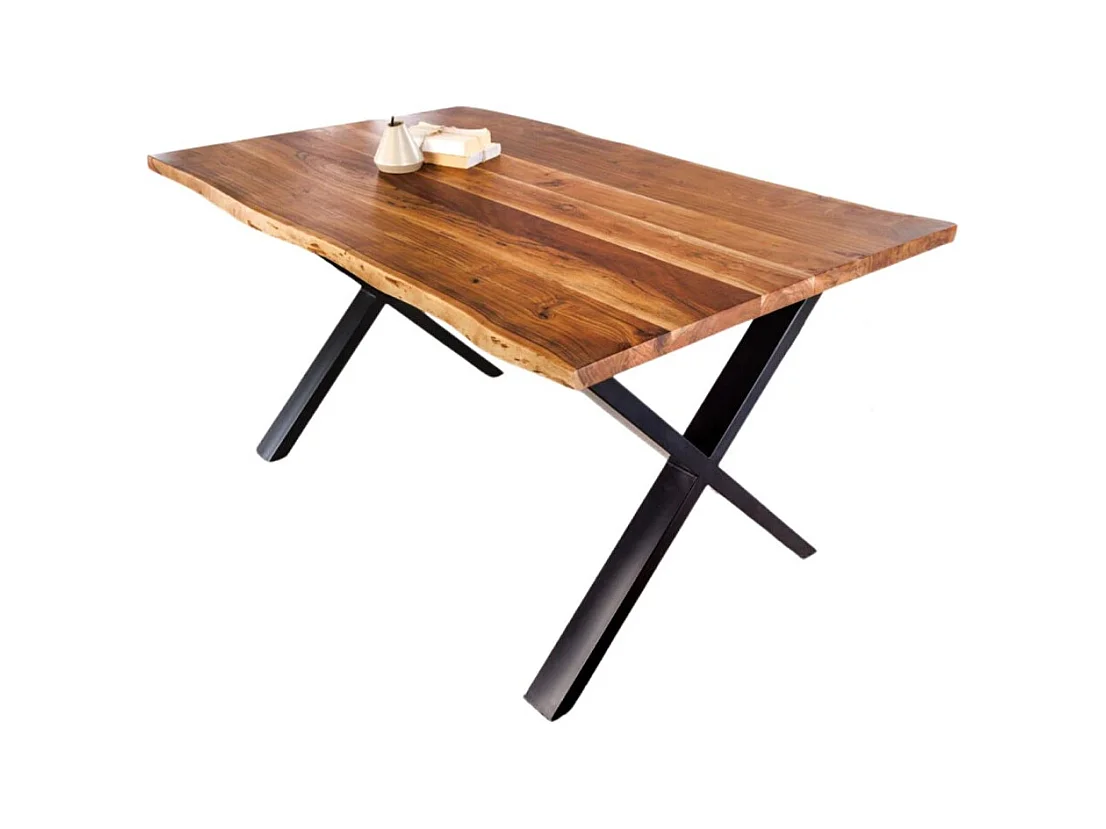 Table de salle à manger ARKAYA – Bois massif d'acacia verni et pieds en métal noir en X – 160 cm – Style industriel
