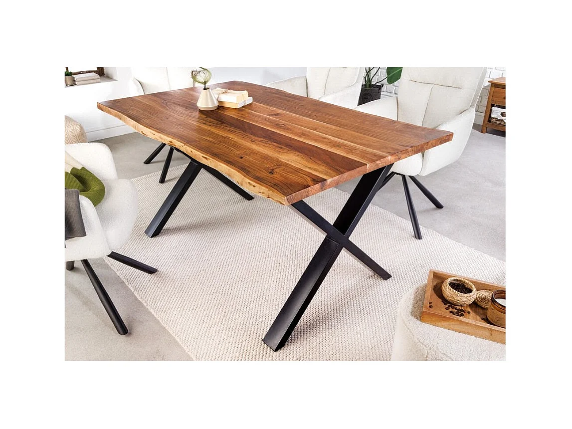 Table de salle à manger ARKAYA – Bois massif d'acacia verni et pieds en métal noir en X – 160 cm – Style industriel