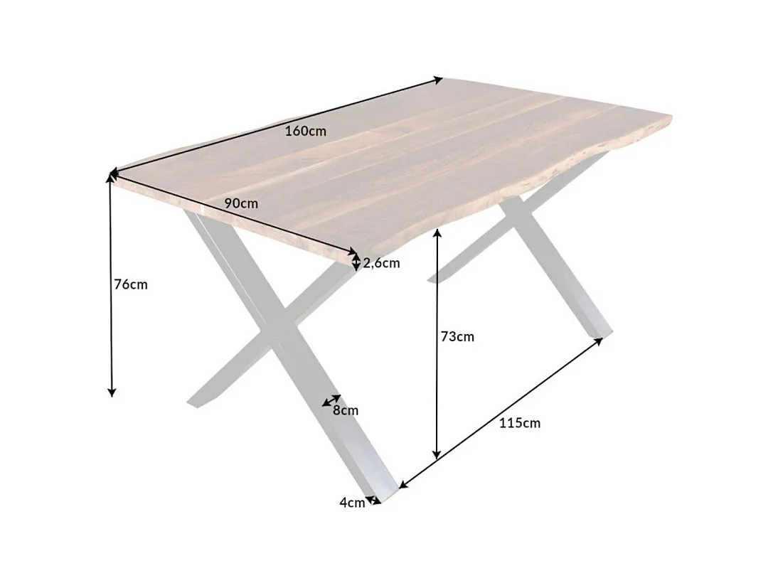 Table de salle à manger ARKAYA – Bois massif d'acacia verni et pieds en métal noir en X – 160 cm – Style industriel