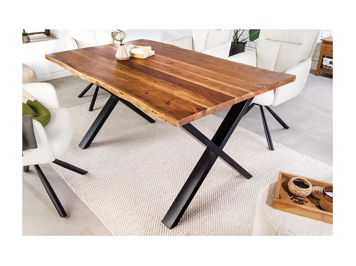 Table de salle à manger ARKAYA – Bois massif d'acacia verni et pieds en métal noir en X – 160 cm – Style industriel