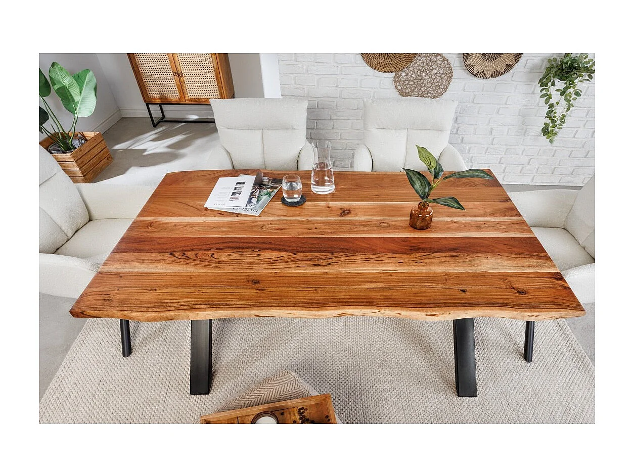 Table de salle à manger ARKAYA – Bois massif d'acacia verni et pieds en métal noir en X – 160 cm – Style industriel