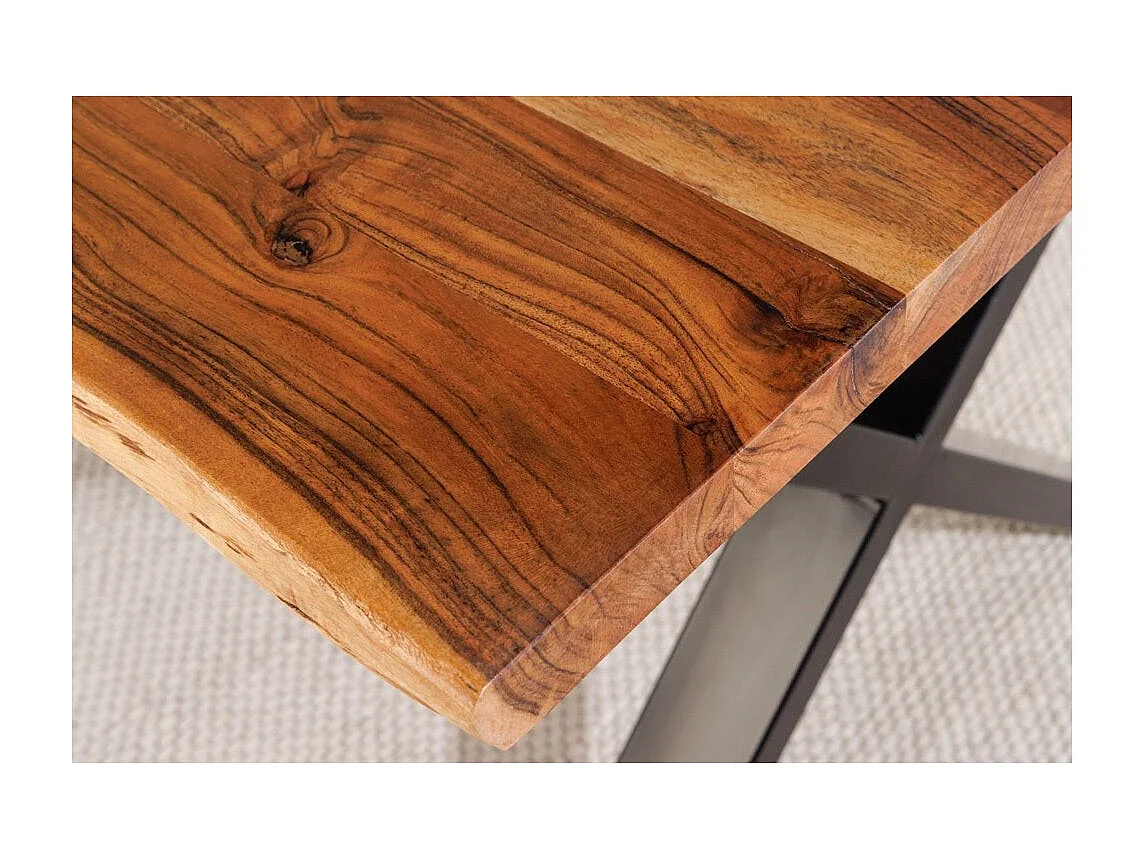 Table de salle à manger ARKAYA – Bois massif d'acacia verni et pieds en métal noir en X – 160 cm – Style industriel