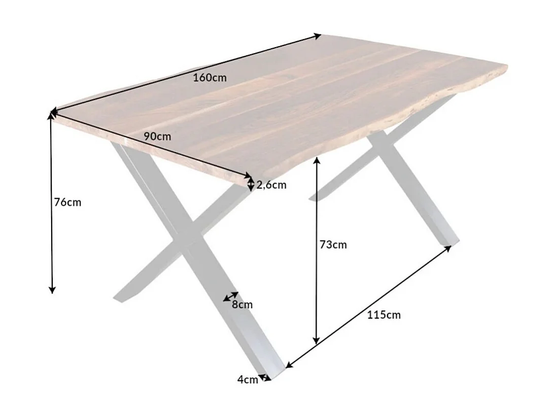 Table de salle à manger ARKAYA – Bois massif d'acacia verni et pieds en métal noir en X – 160 cm – Style industriel